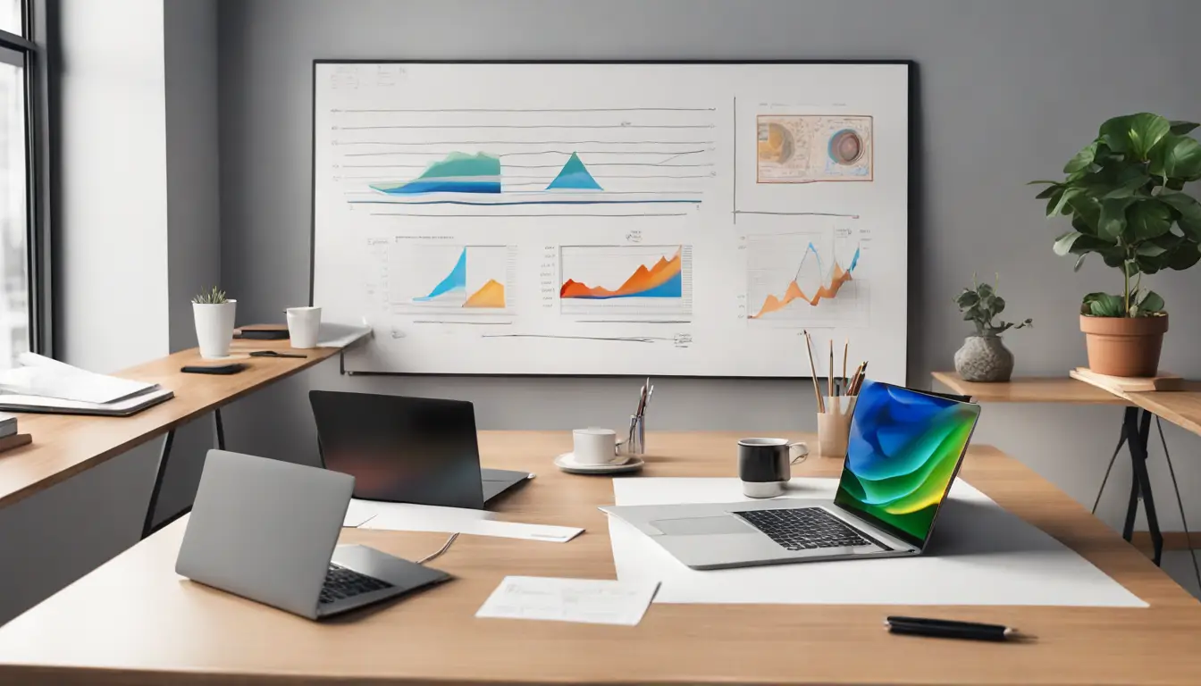 Profissionais em escritório colaborando em projeto de tecnologia com laptops e gráficos na tela.