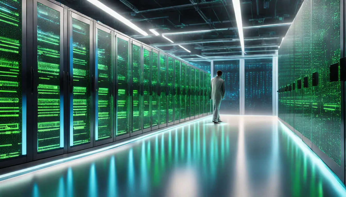Sala de centro de dados moderna com servidores e painéis de controle de segurança digital em azul e verde.