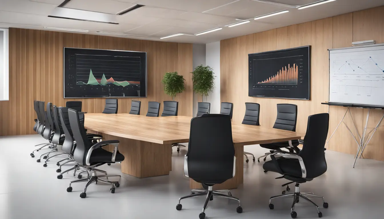 Sala de conferências com mesa de madeira, cadeiras pretas, quadro branco com diagramas e tela de projeção com gráfico de barras.