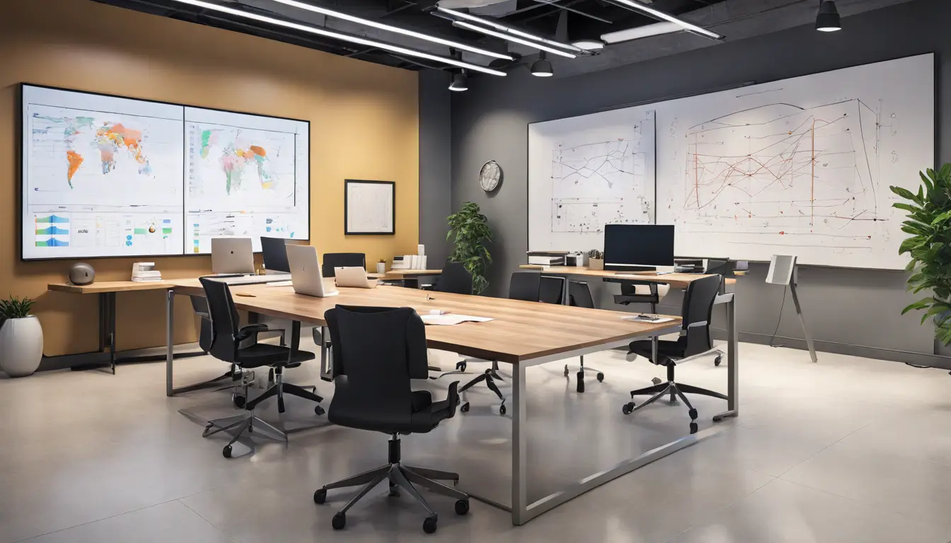 Espaço de escritório moderno com mesa de madeira e gadgets tecnológicos como laptops e projetores inteligentes.