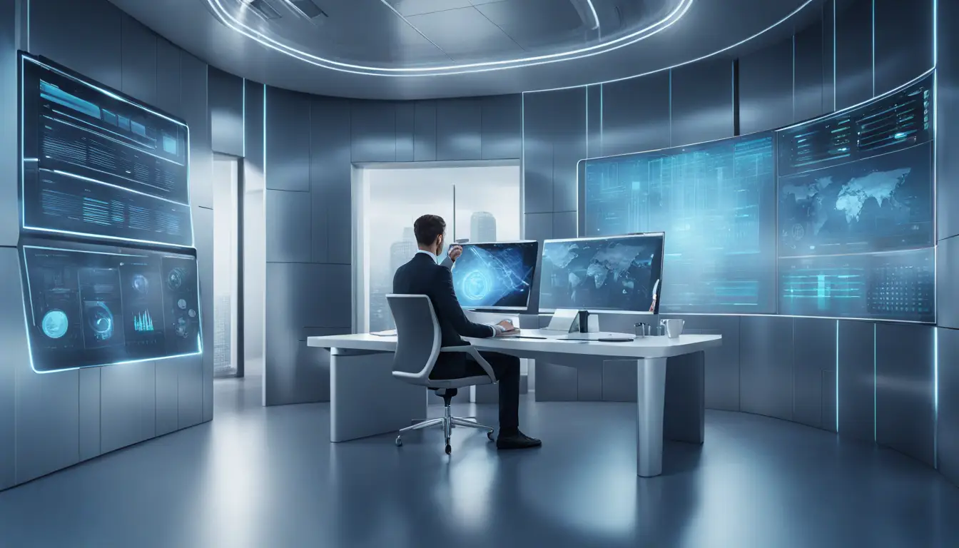 Painel digital futurista em um escritório com gráficos complexos, scanner biométrico e pessoa usando tablet.