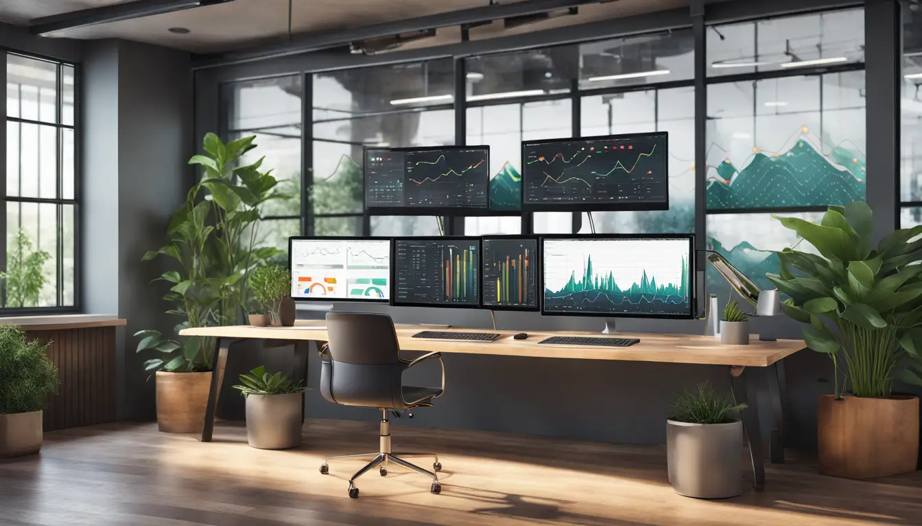 Monitores em um escritório exibindo dashboards de negócios coloridos e detalhados ao lado de um laptop em uma mesa de madeira.