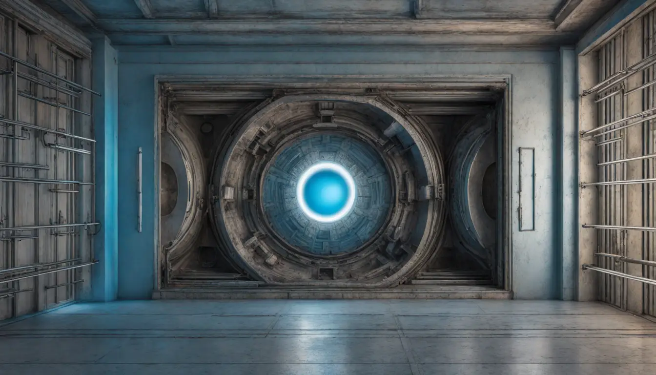 Cofre de aço fechado cercado por barreiras de segurança modernas sob um céu azul claro.