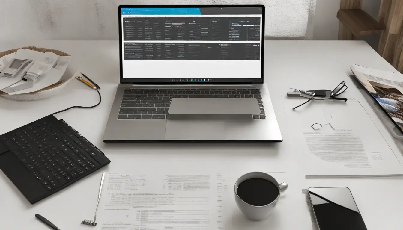 Laptop com gráficos do PowerBI em mesa de escritório organizada, com cacto e caneta de metal.