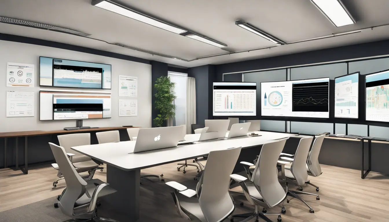 Tela de apresentação com dashboard colorido em uma sala de conferência moderna, mesa com laptops ao redor.