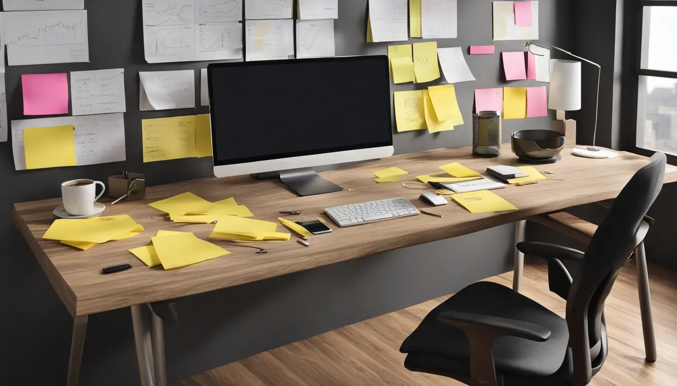 Monitor grande mostrando um dashboard do PowerBI em uma mesa de escritório com notas adesivas e caneca de café.