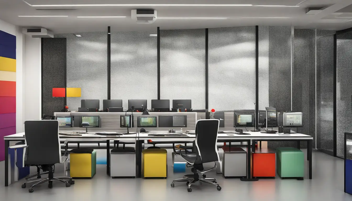 Grande sala de controle com pessoas de terno observando dashboards coloridos exibindo dados financeiros e gráficos.