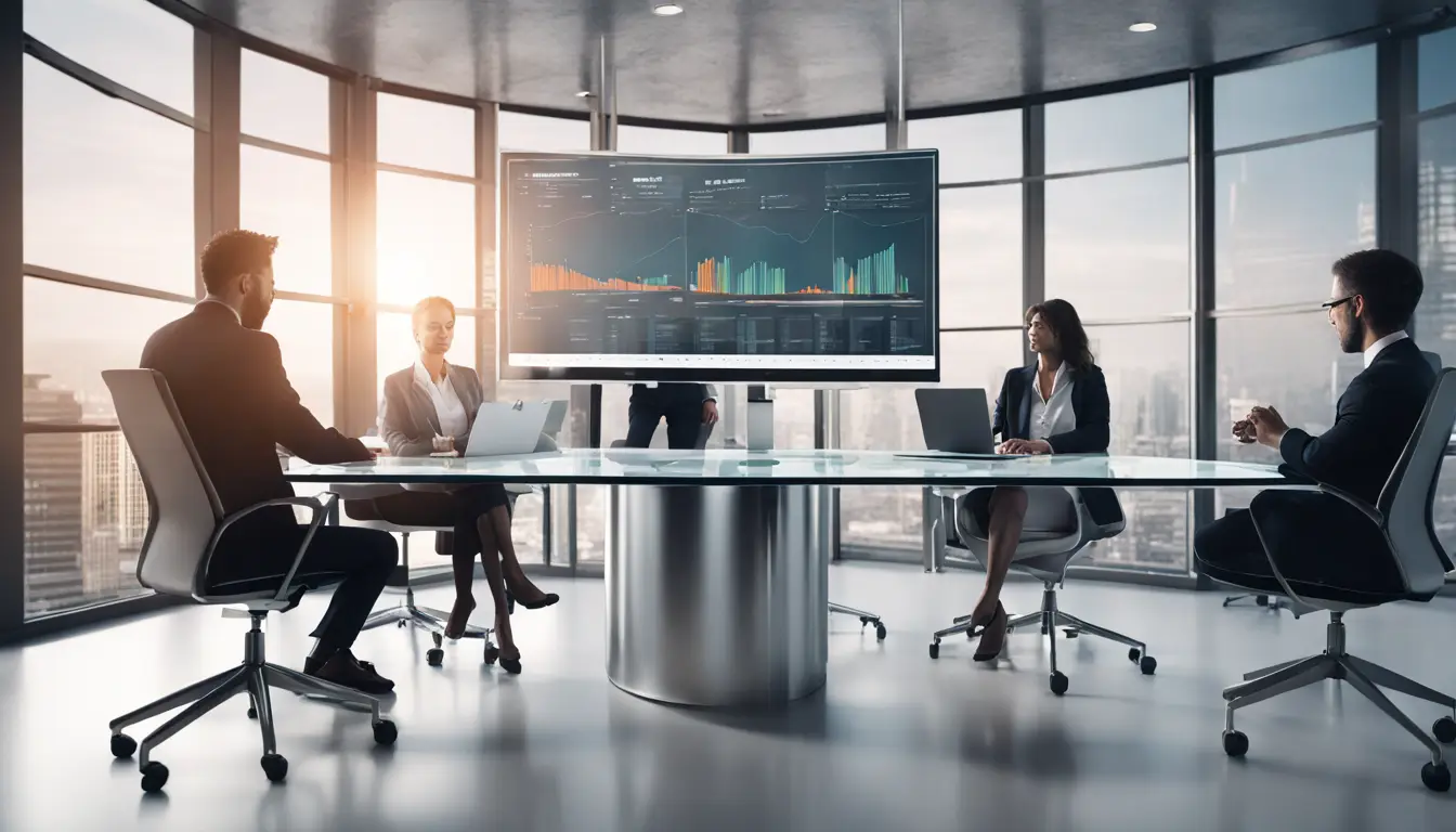 Pessoas em trajes de negócios em torno de uma mesa de conferência com tela digital mostrando gráficos de gestão de projetos.