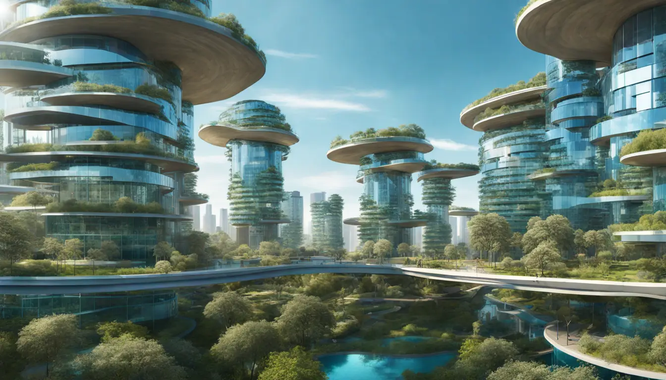 Cidade futurista com arranha-céus de vidro, parques e painéis solares sob céu azul claro em 2030.