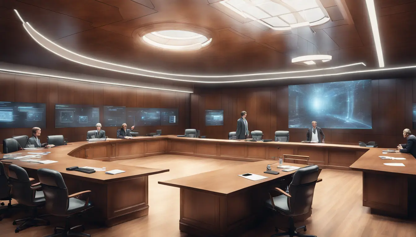 Interface digital de IA holográfica no tribunal com advogados e juízes observando.