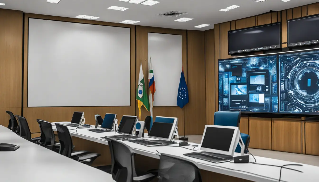 Tribunal com advogados e robô humanoide, monitores digitais exibindo gráficos de dados legais, mesas com laptops.