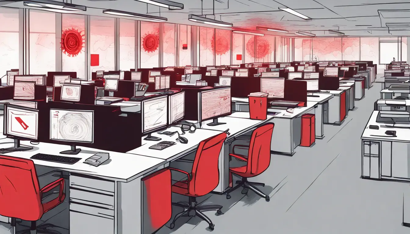 Escritório moderno vazio com computadores mostrando alerta de ransomware, iluminação fraca e relógio digital marcando 15:00.