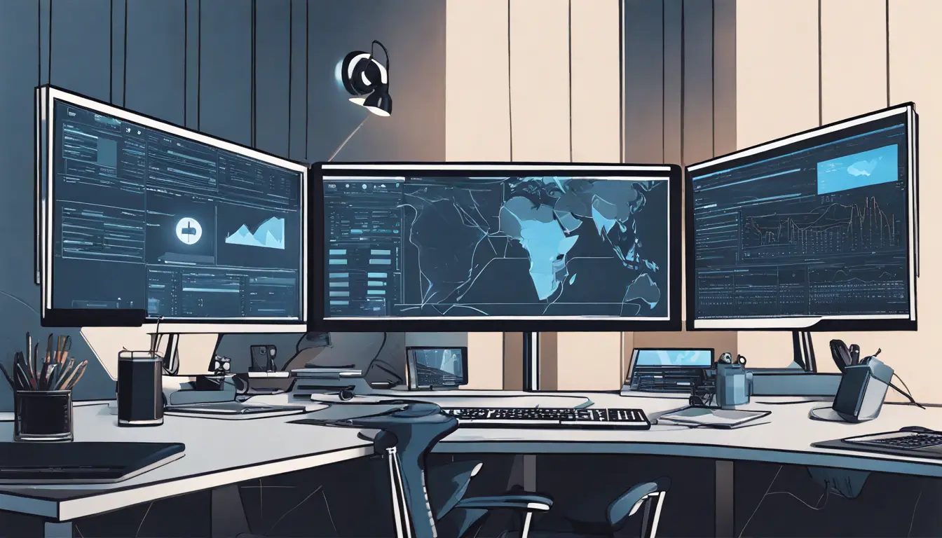 Sala de controle de segurança com monitores exibindo gráficos de segurança e uma cadeira em ambiente iluminado azul.