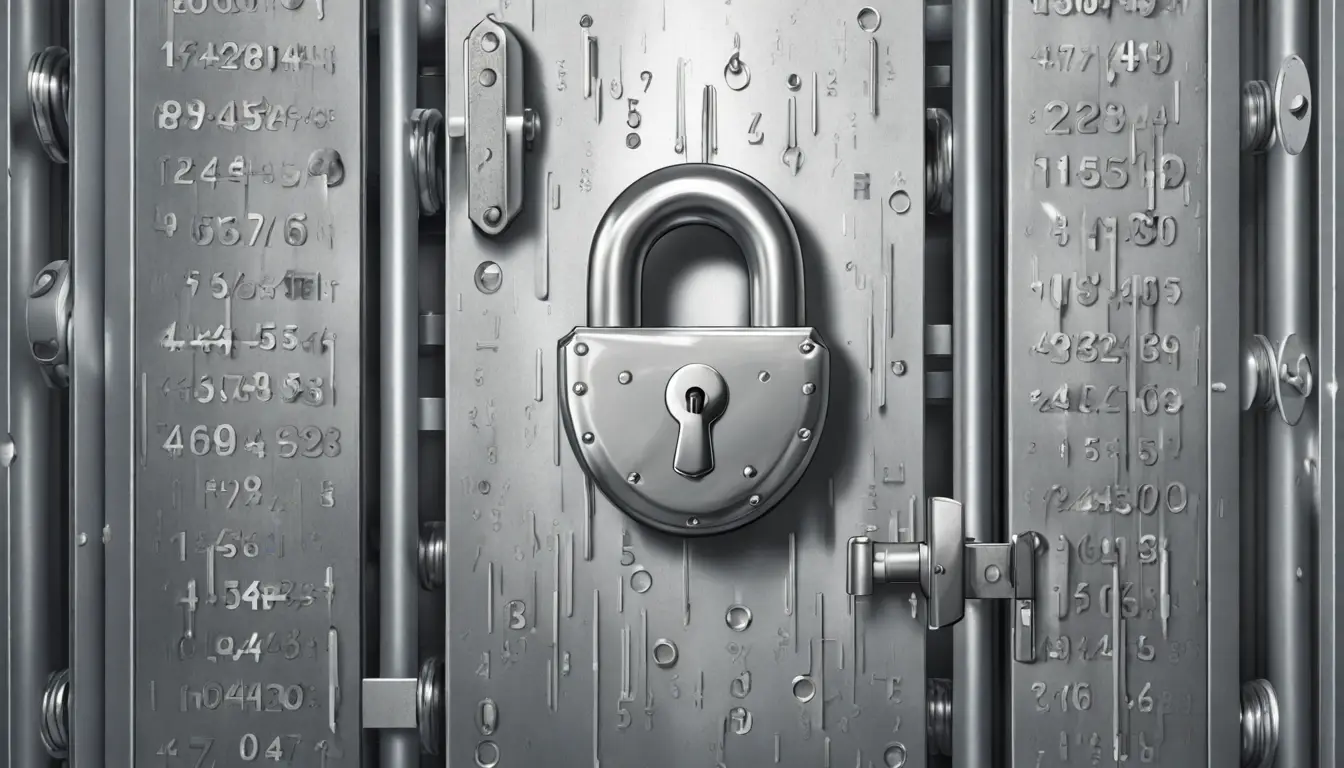 Cofre digital trancado por cadeado grande com números binários ao fundo.