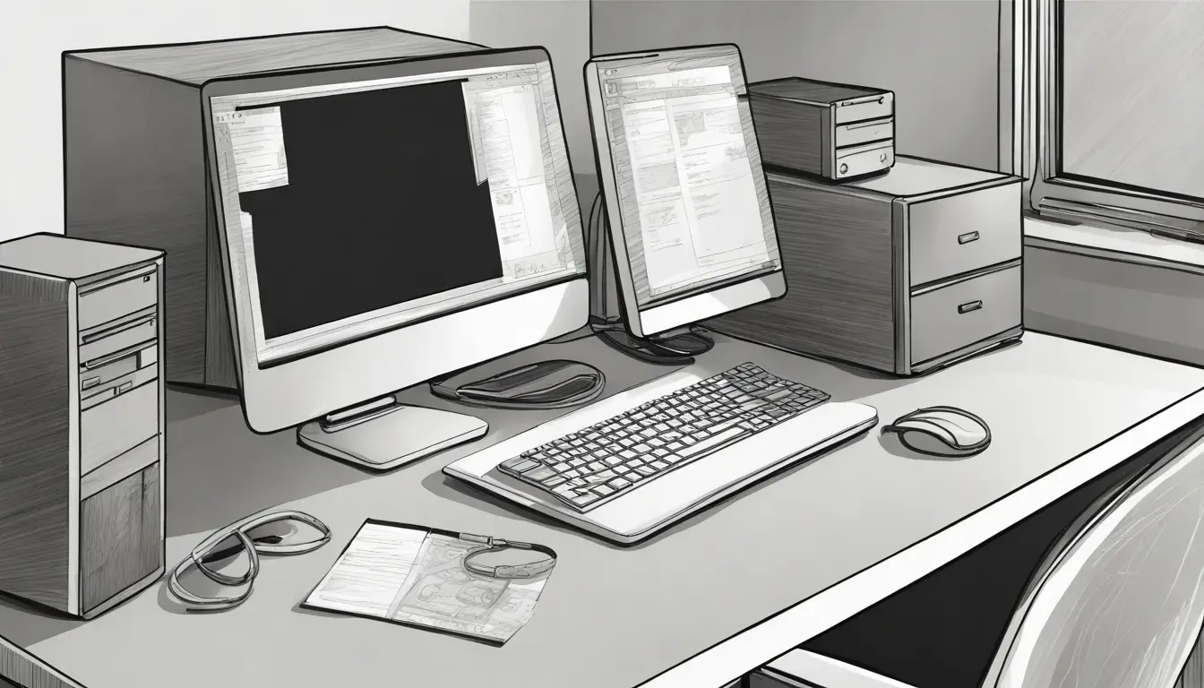 Computador desktop preto acorrentado em escritório corporativo com parede cinza e piso de madeira.