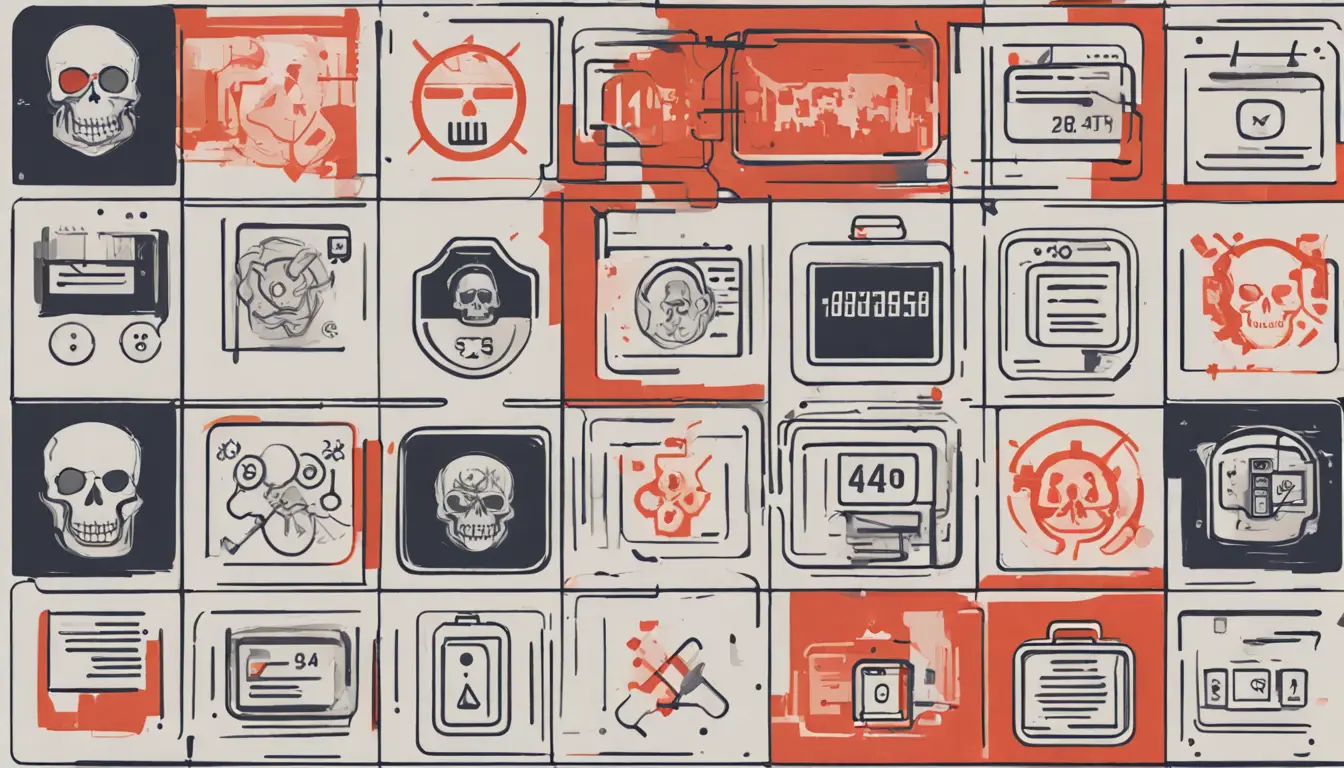 Tela digital mostrando quatro tipos de ransomware com ícones de cadeado, caveira, vírus e contador.