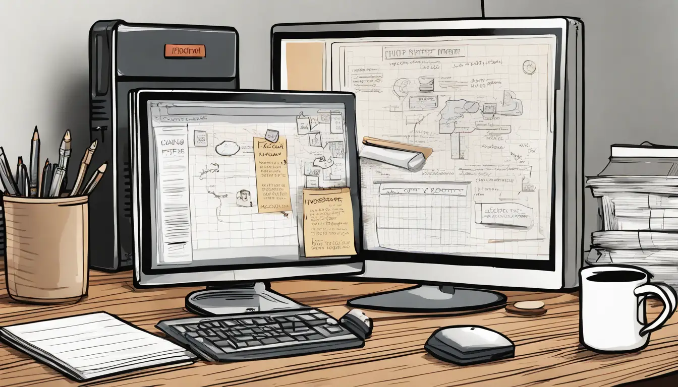 Monitor de computador com diagrama de plano de resposta a incidentes em um escritório, ao lado de um bloco de notas e café.