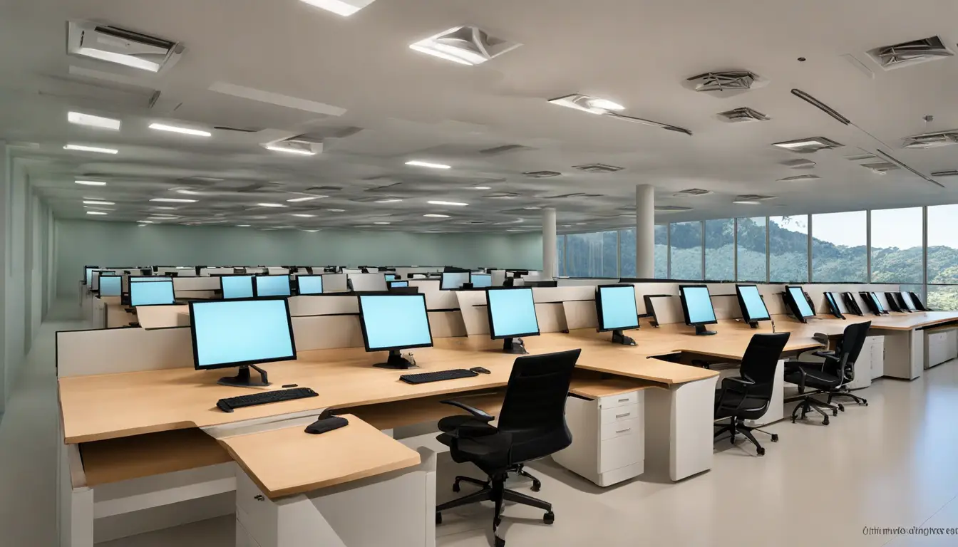 Telas de computador em escritório exibindo mensagens de resgate digital, com funcionários preocupados olhando para as telas.