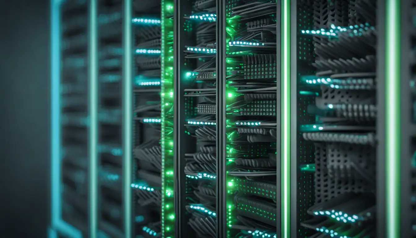 Rack de servidores futurista com luzes LED azuis e verdes em um padrão de grade digital cinza escuro.