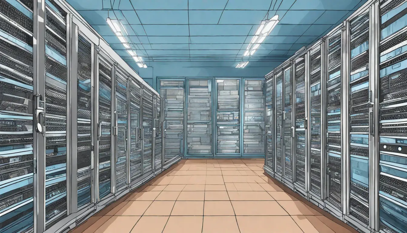 Sala de servidores com racks e monitores exibindo gráficos, janelas mostrando céu azul ao fundo.