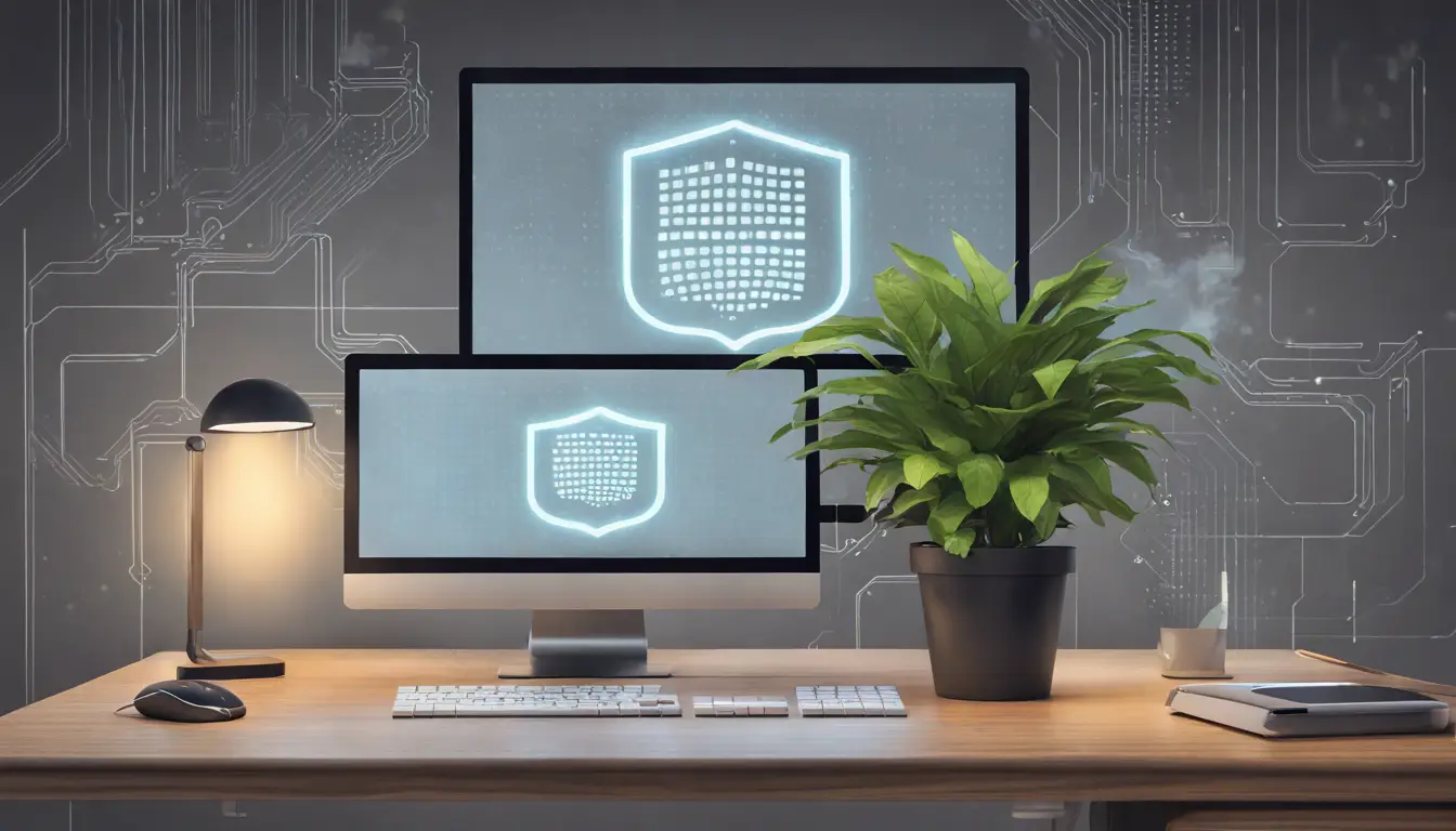 Tela de computador com ícone de escudo digital cercado por código binário em um escritório moderno.