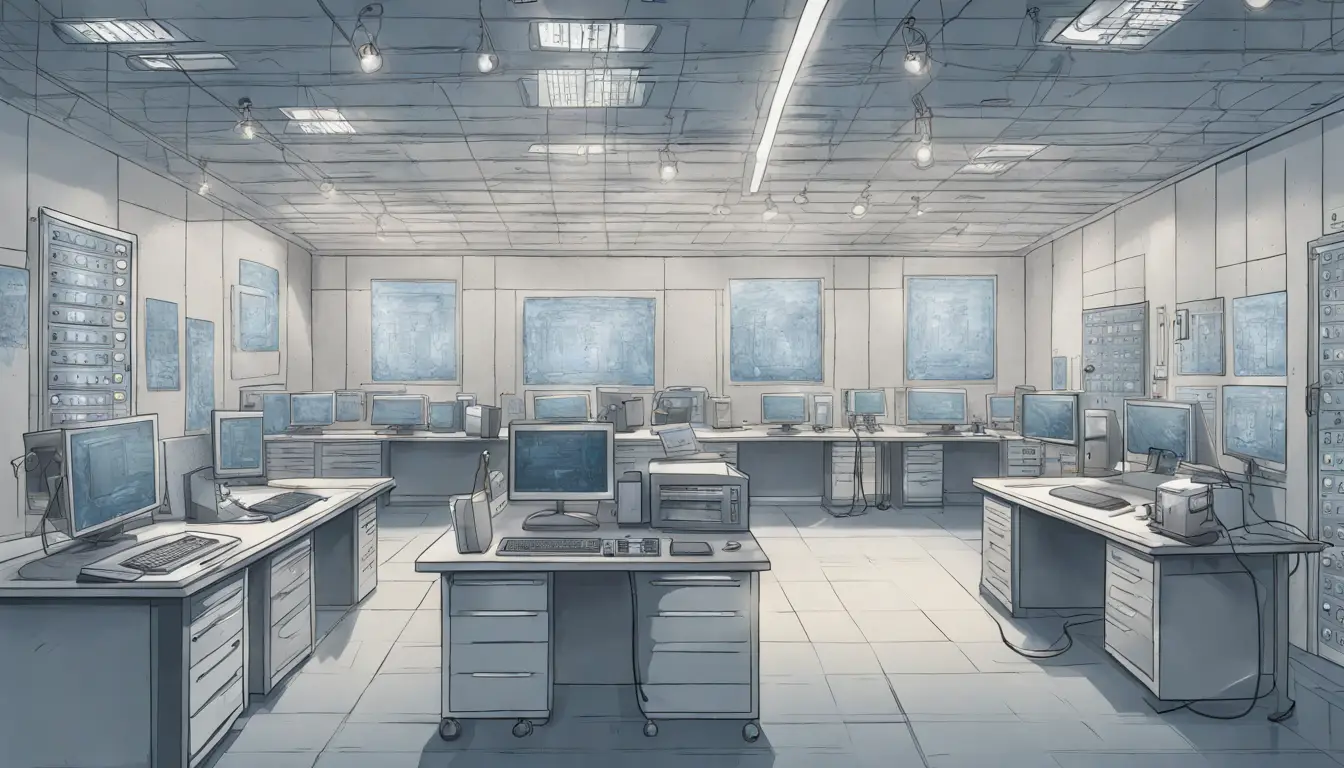 Câmeras de segurança e servidor de firewall em escritório moderno com porta metálica e fechadura de teclado.