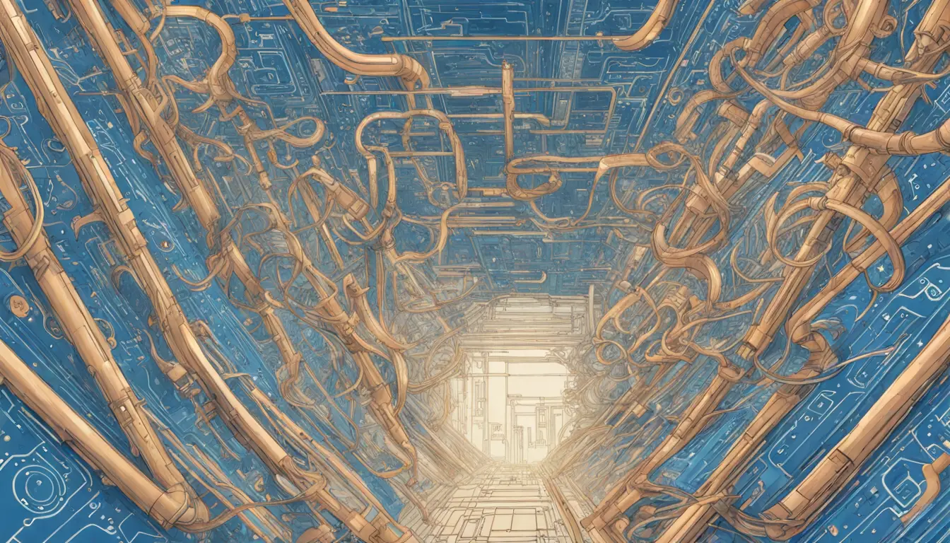 Servidor físico com circuitos em uma nuvem digital azul, engrenagens douradas girando ao redor.