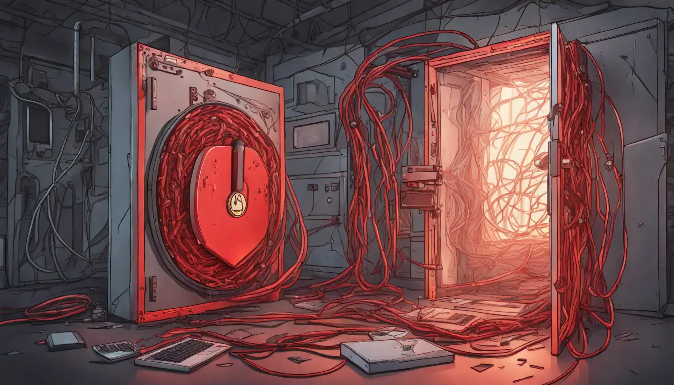 Cofre aberto com símbolo de cadeado digital vermelho, cabos de computador emaranhados e monitores quebrados no chão.