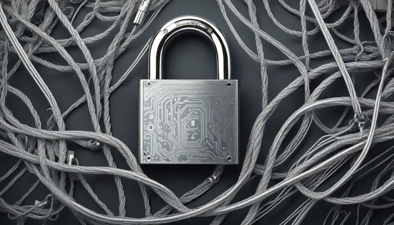 Grande cadeado prateado com padrões de circuito digital, fundo de cabos de computador escuros emaranhados.