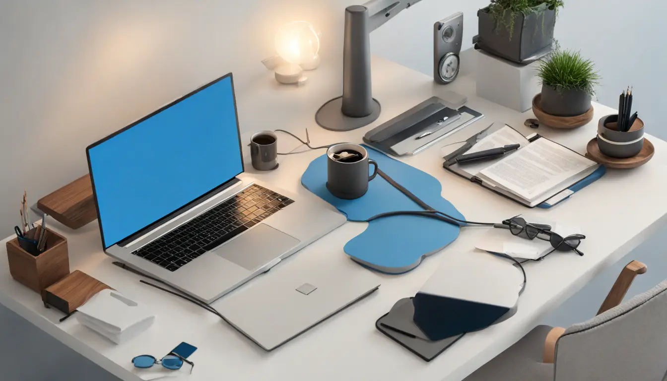 Computador com gráficos de segurança digital, lupa, cadeado e óculos em mesa de escritório moderna.