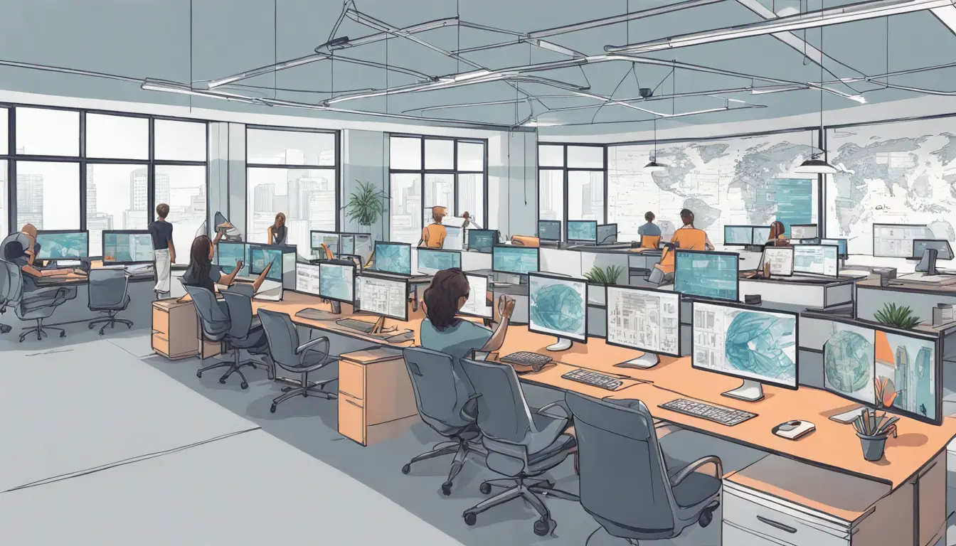 Ambiente de escritório moderno com mesas e telas de computador exibindo interfaces de software VMware.