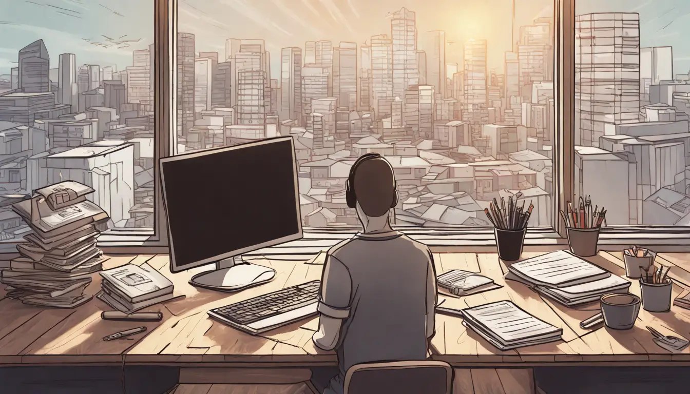 Tela de computador mostrando alerta de ransomware com pessoa preocupada ao teclado e livros de cibersegurança na mesa.