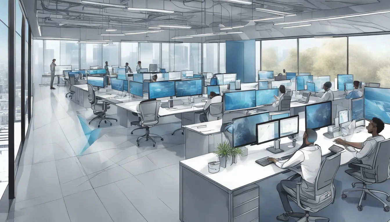 Profissionais diversos colaborando em um escritório moderno com branding da VMware em monitores e dispositivos.