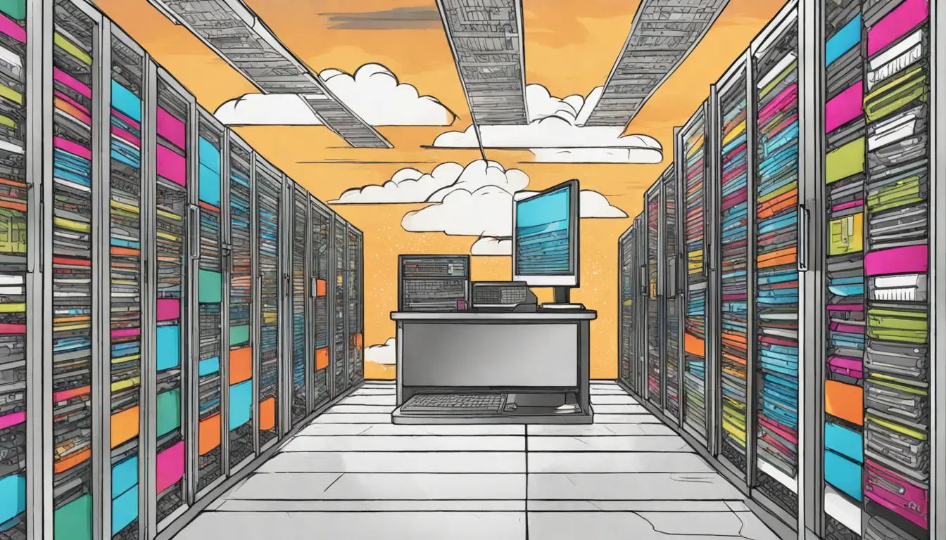 Servidores em racks com cabos coloridos e nuvens digitais ao fundo em uma sala de servidores moderna.