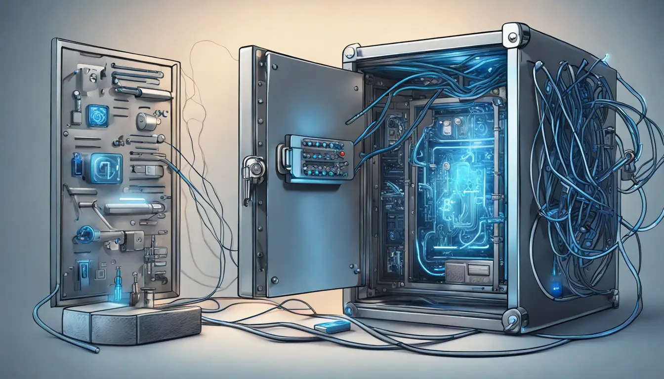 Cofre digital de aço com ferramentas de cibersegurança como firewall e software antivírus conectadas por fios azuis.