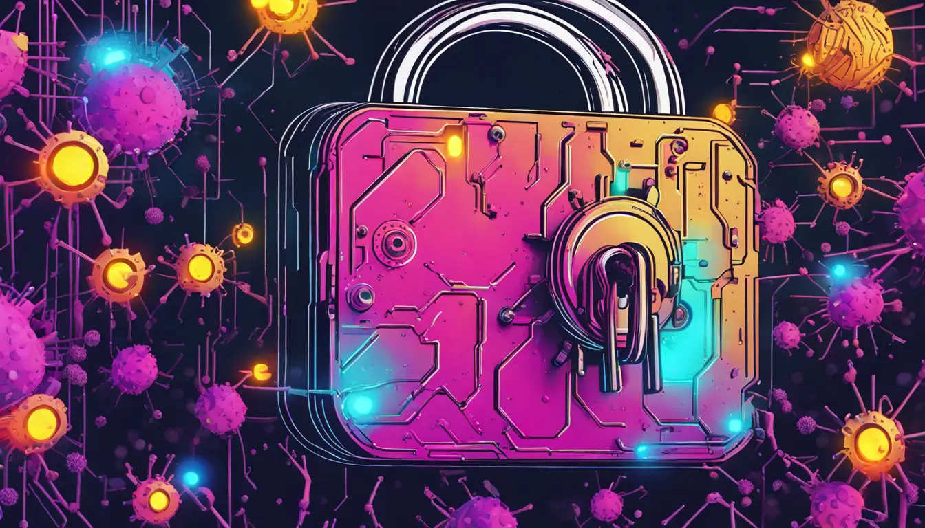 Cadeado mecânico quebrado por vírus digitais brilhantes em um fundo escuro.