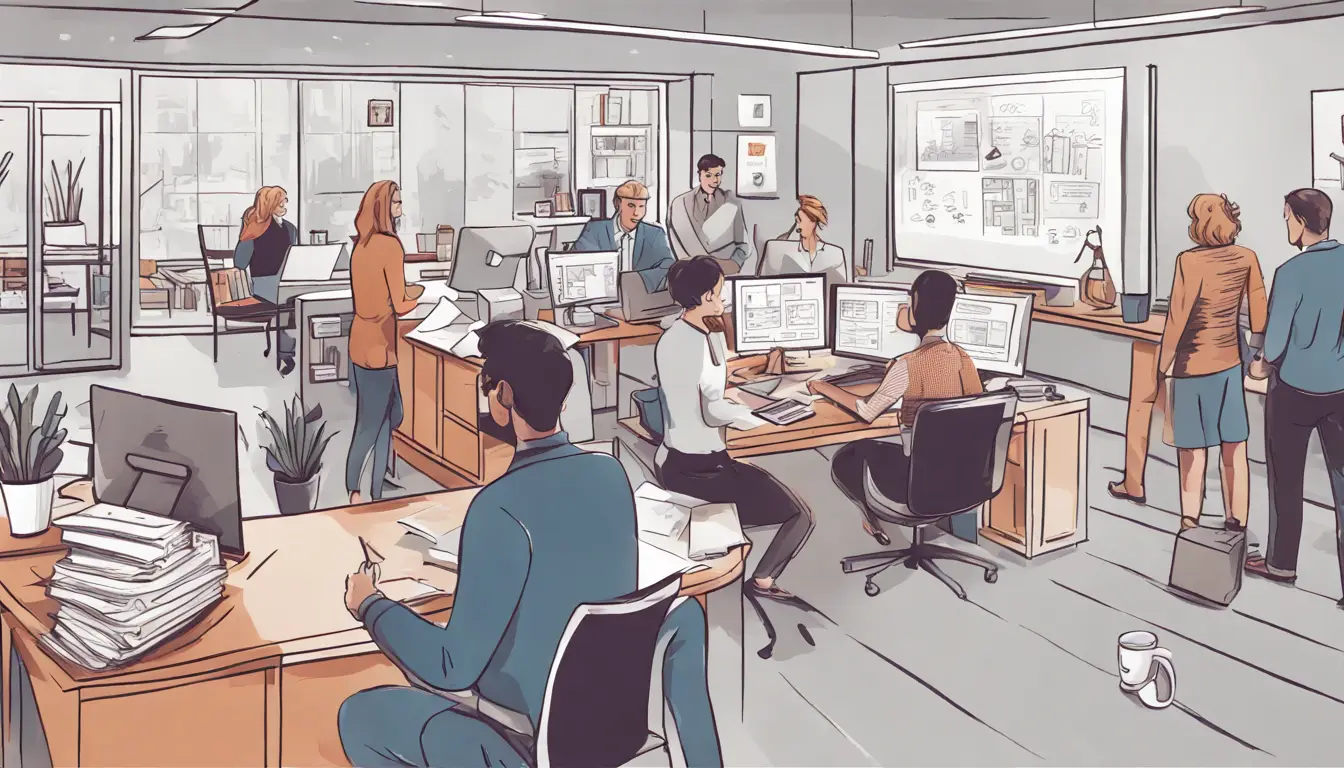 Pessoas reunidas em um escritório em torno de um computador com um plano de recuperação na tela.