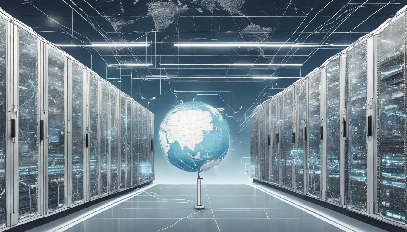 Servidor moderno com mapa digital de nós de computação edge conectados em um globo.