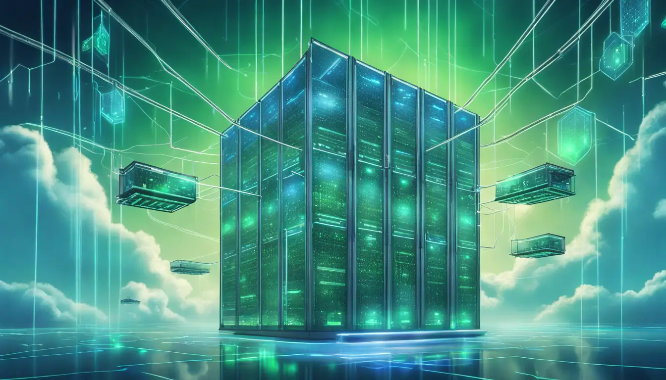 Centro de dados futurista flutuando no céu com escudos de segurança e linhas de rede brilhantes em azul e verde.
