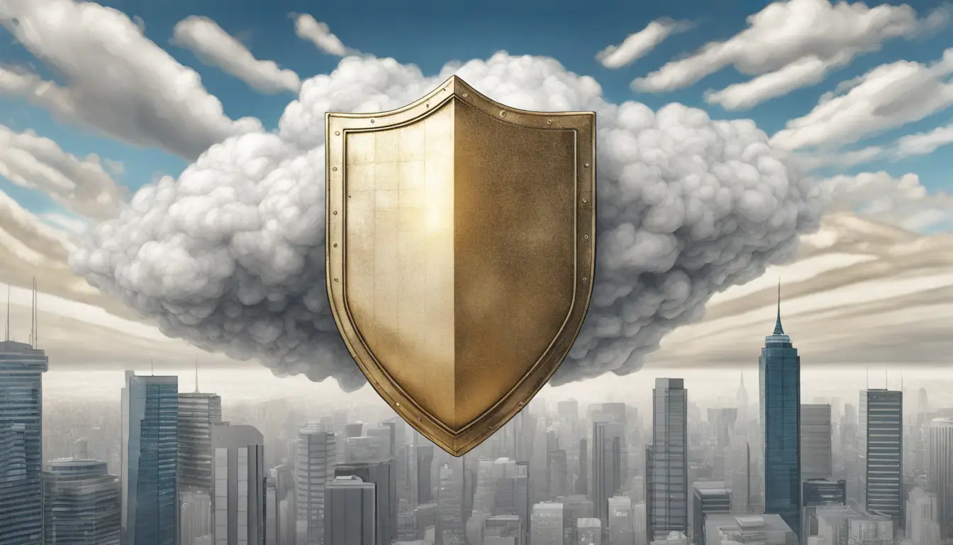 Nuvem dourada em forma de escudo sobre uma cidade digital de arranha-céus prata sob céu azul.