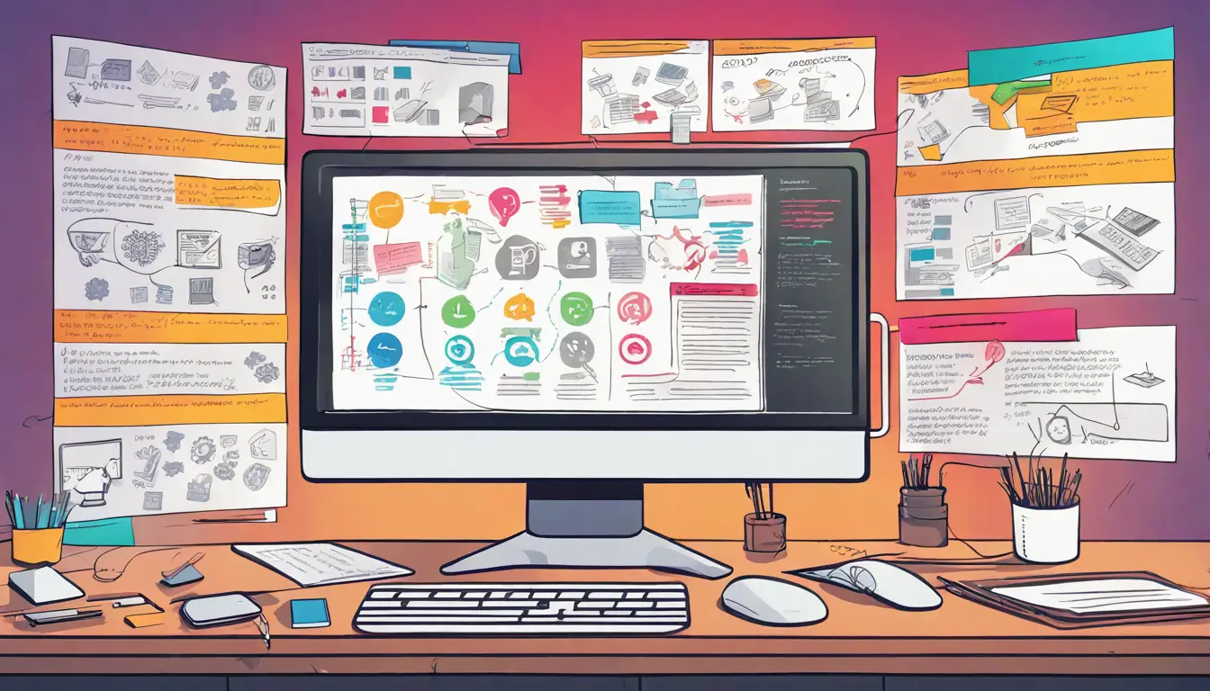 Infográfico detalhado em tela de computador mostrando etapas de um plano de resposta a ransomware em um escritório moderno.