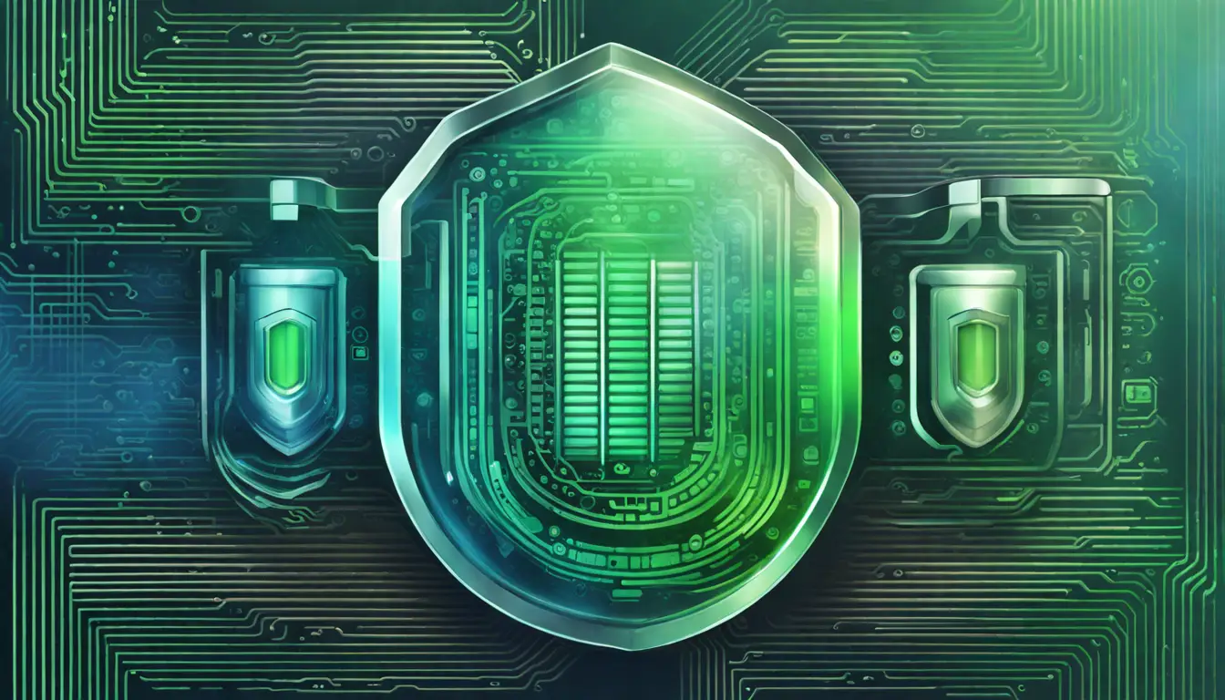 Cadeado digital cercado por camadas de escudos transparentes com padrões de código binário em azul e verde.