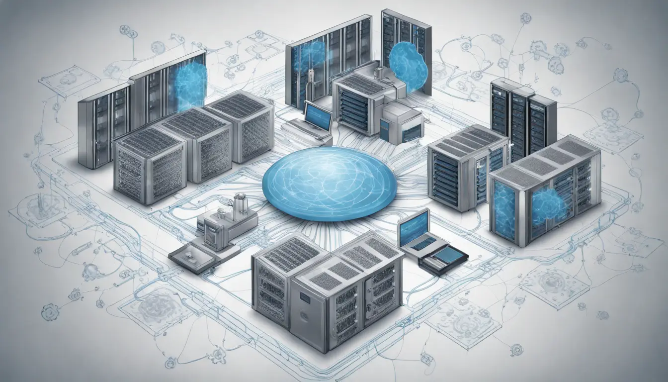 Blueprint de um data center detalhado com servidores e símbolos de nuvem, engrenagens e diagrama de rede simplificado.