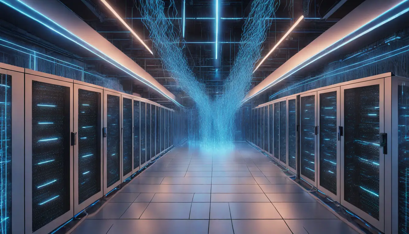 Sala de servidores futurista com luzes LED azuis e fluxos de dados digitais no ar, simbolizando segurança em nuvem.