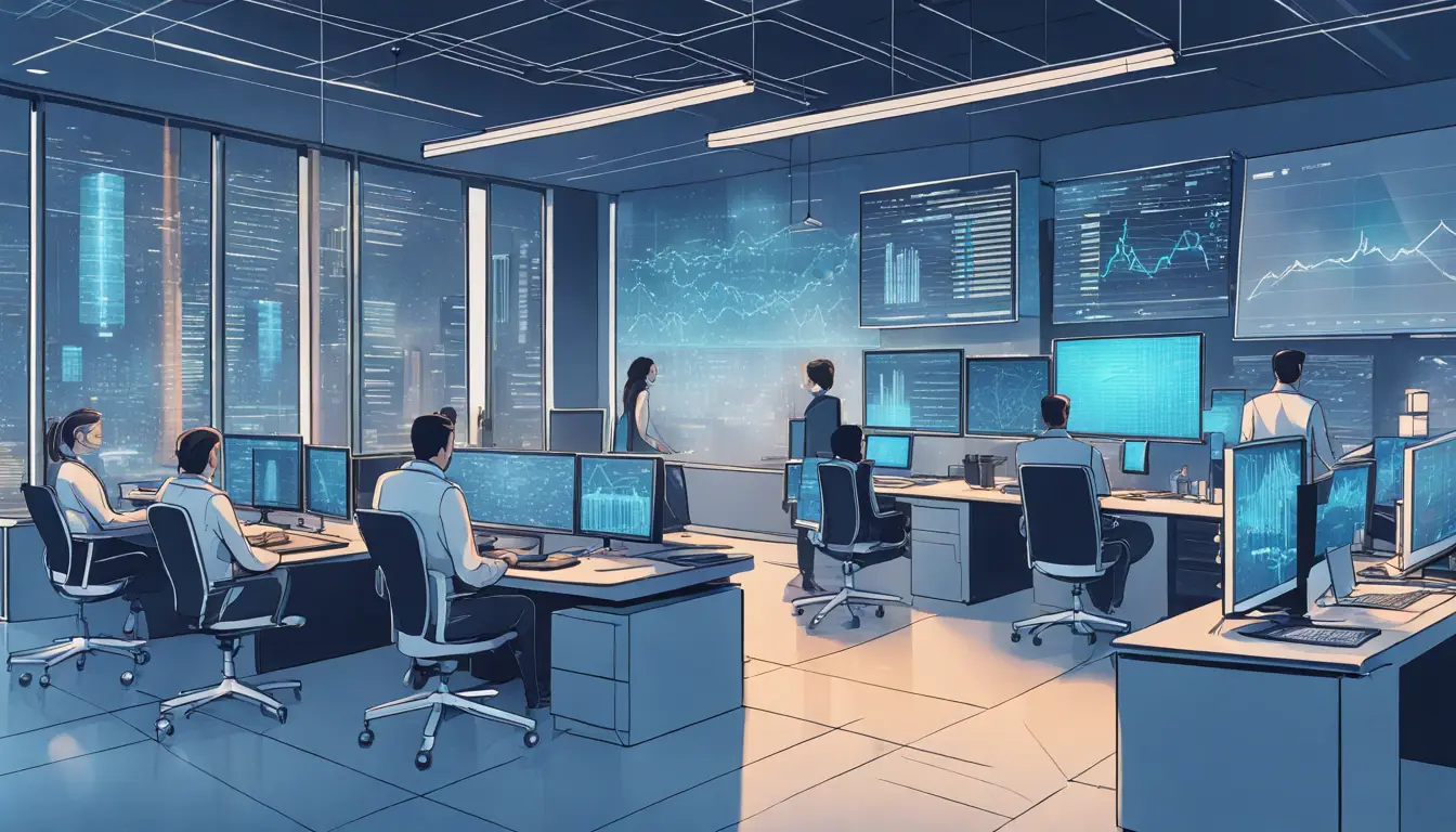 Ambiente de escritório moderno com servidores de computador e tela digital exibindo gráficos e dados analíticos.