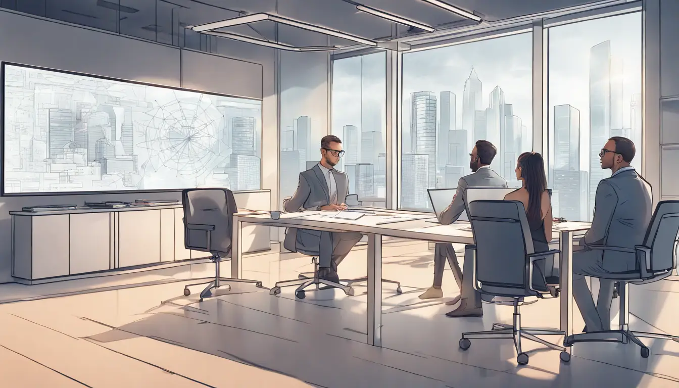 Três pessoas engajadas em treinamento de segurança cibernética em escritório moderno com quadro digital interativo.