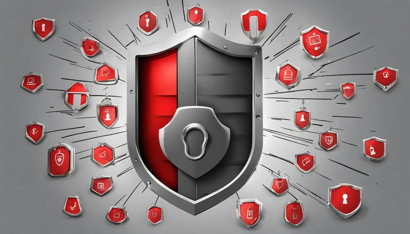 Ícone de escudo digital metálico com símbolos de alerta vermelhos e pequenos cadeados pretos em fundo cinza escuro.