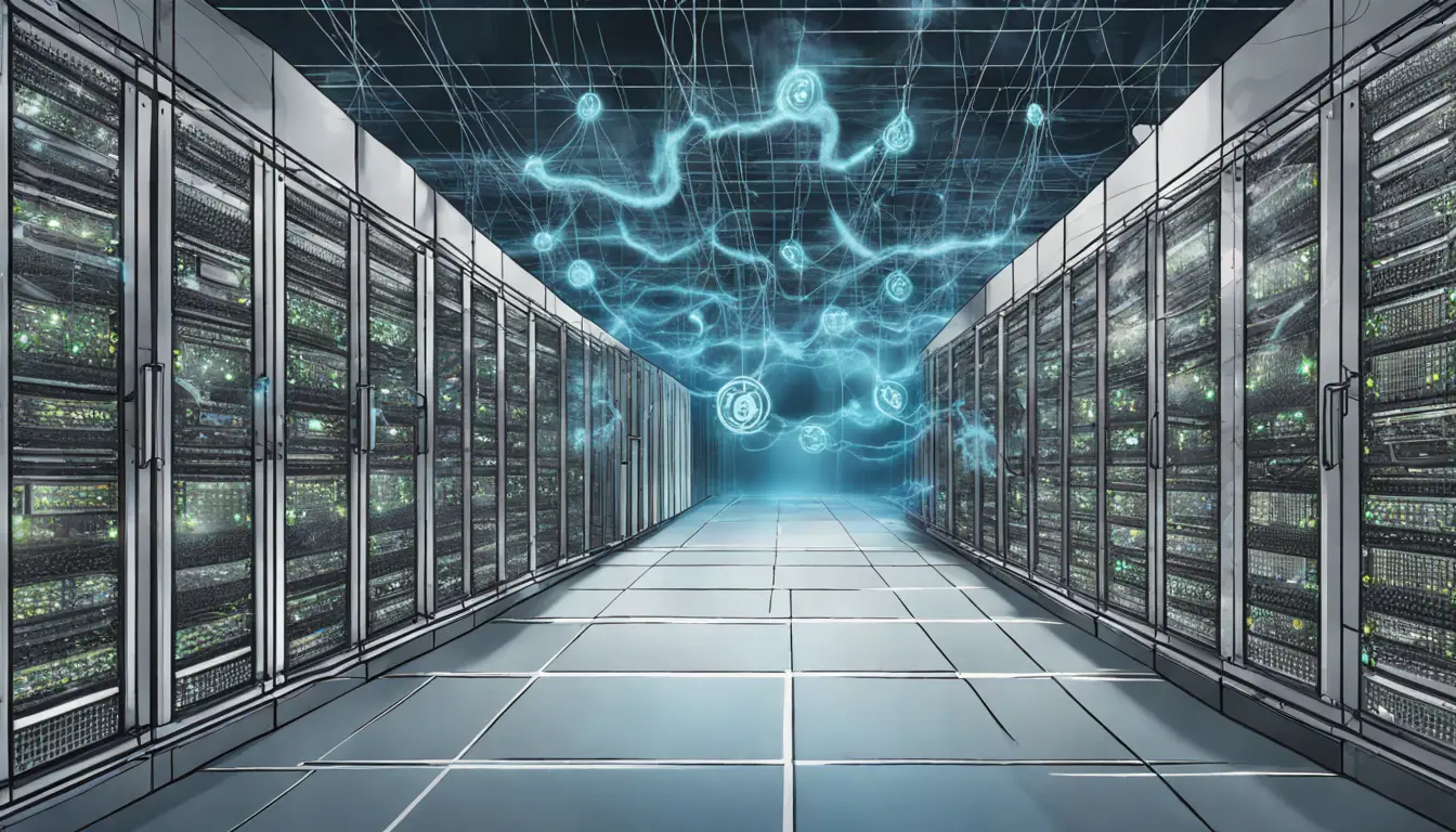 Infraestrutura de rede complexa com racks de servidores com logotipos VMware e nuvens digitais acima no data center.