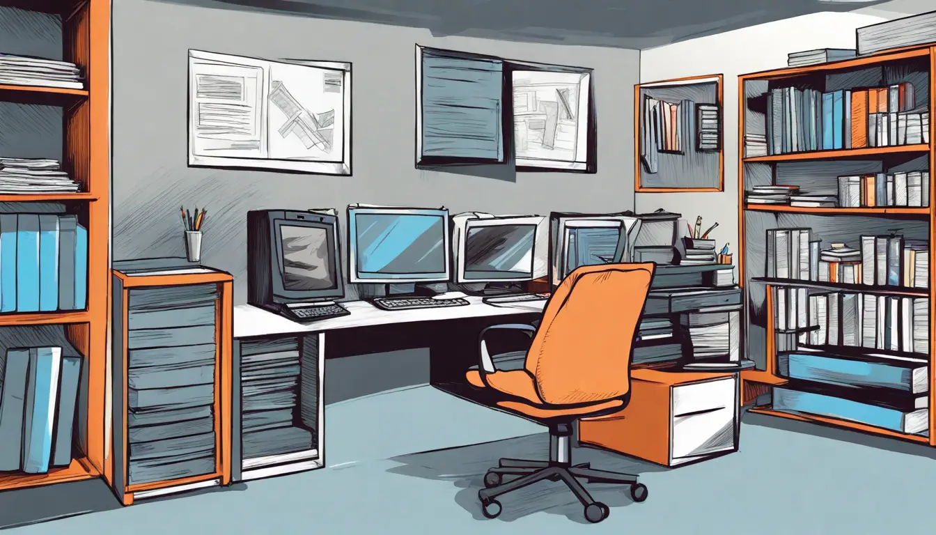 Três técnicos de TI em um escritório moderno monitorando servidores e gráficos de desempenho em computadores.