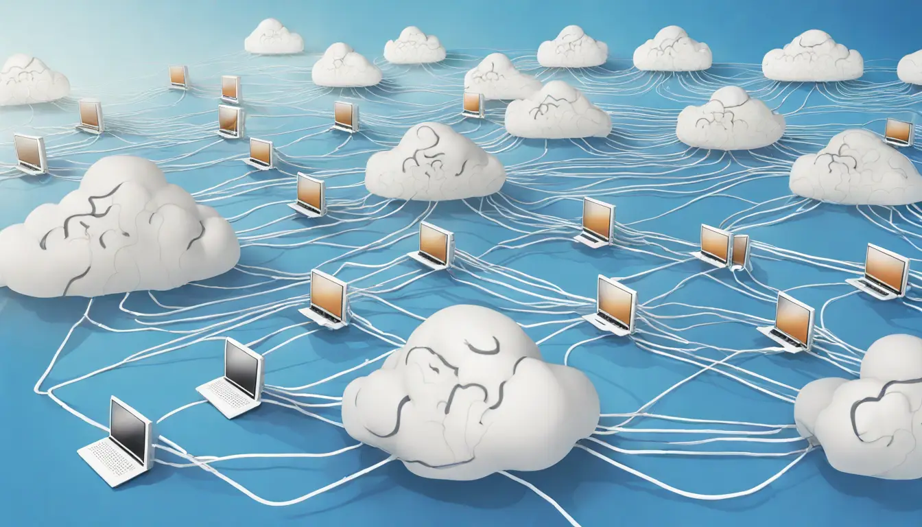 Servidores transformando-se em nuvem com conexões digitais, simbolizando a migração de infraestrutura de TI para a nuvem.